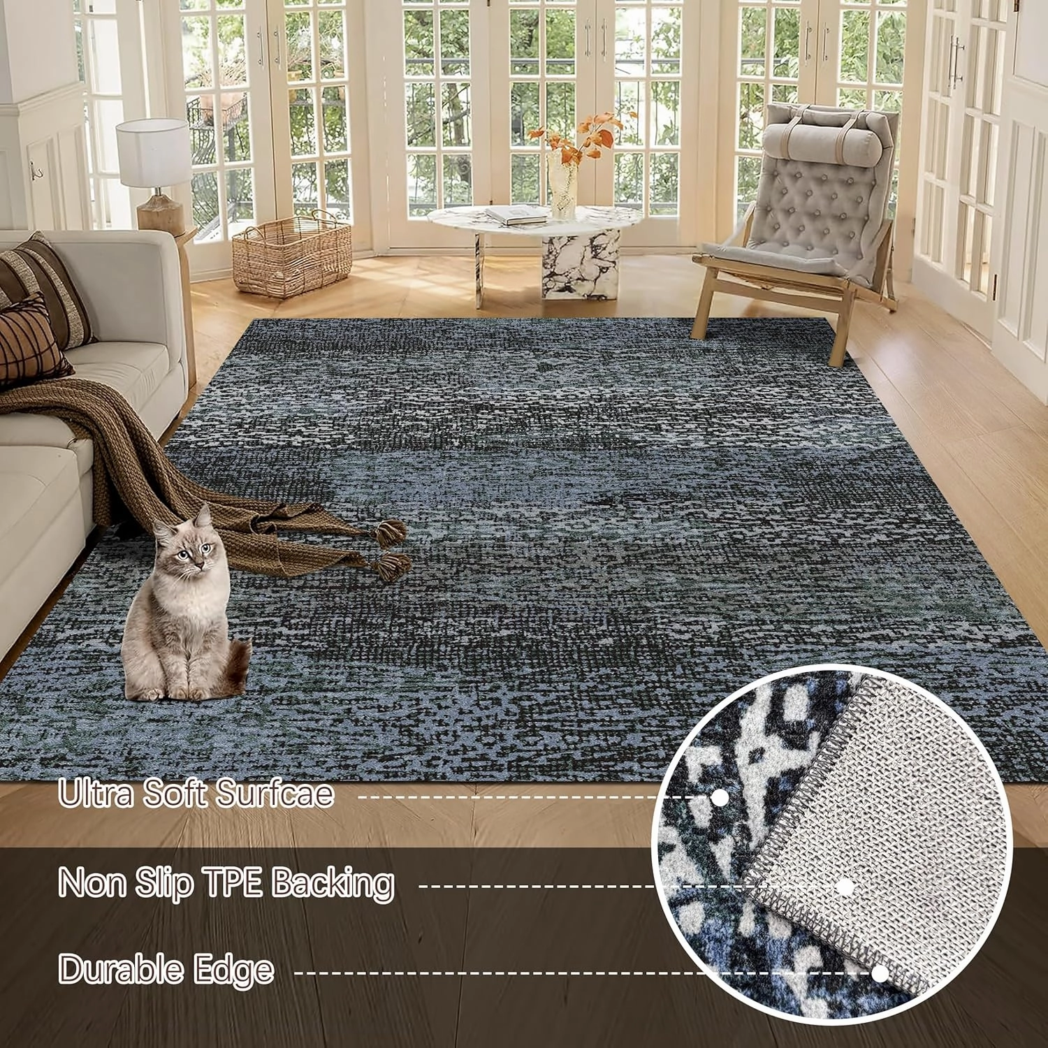 Washable Area Rug - 1/6 Thick - Stain & Water Resistant Non-Slip - Resistant Rug for Living Room, Bedroom, Nursery, Pet & Child Friendly, Vintage Charm Area Rugs (Darkgrey Bule, 9' x 12')
