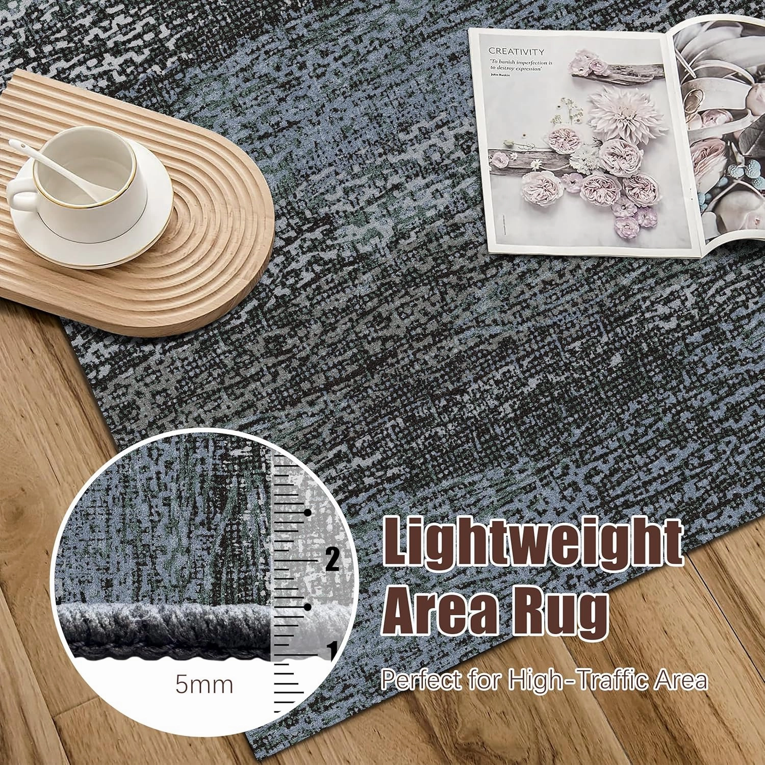 Washable Area Rug - 1/6 Thick - Stain & Water Resistant Non-Slip - Resistant Rug for Living Room, Bedroom, Nursery, Pet & Child Friendly, Vintage Charm Area Rugs (Darkgrey Bule, 9' x 12')