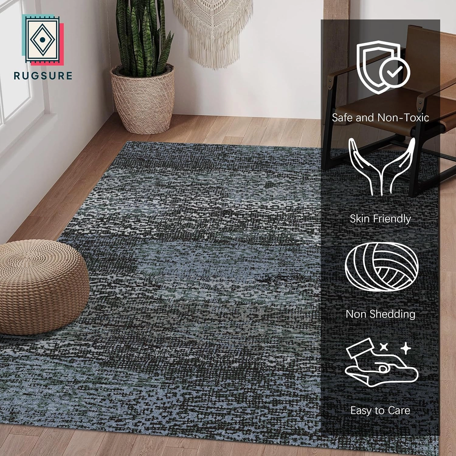 Washable Area Rug - 1/6 Thick - Stain & Water Resistant Non-Slip - Resistant Rug for Living Room, Bedroom, Nursery, Pet & Child Friendly, Vintage Charm Area Rugs (Darkgrey Bule, 9' x 12')