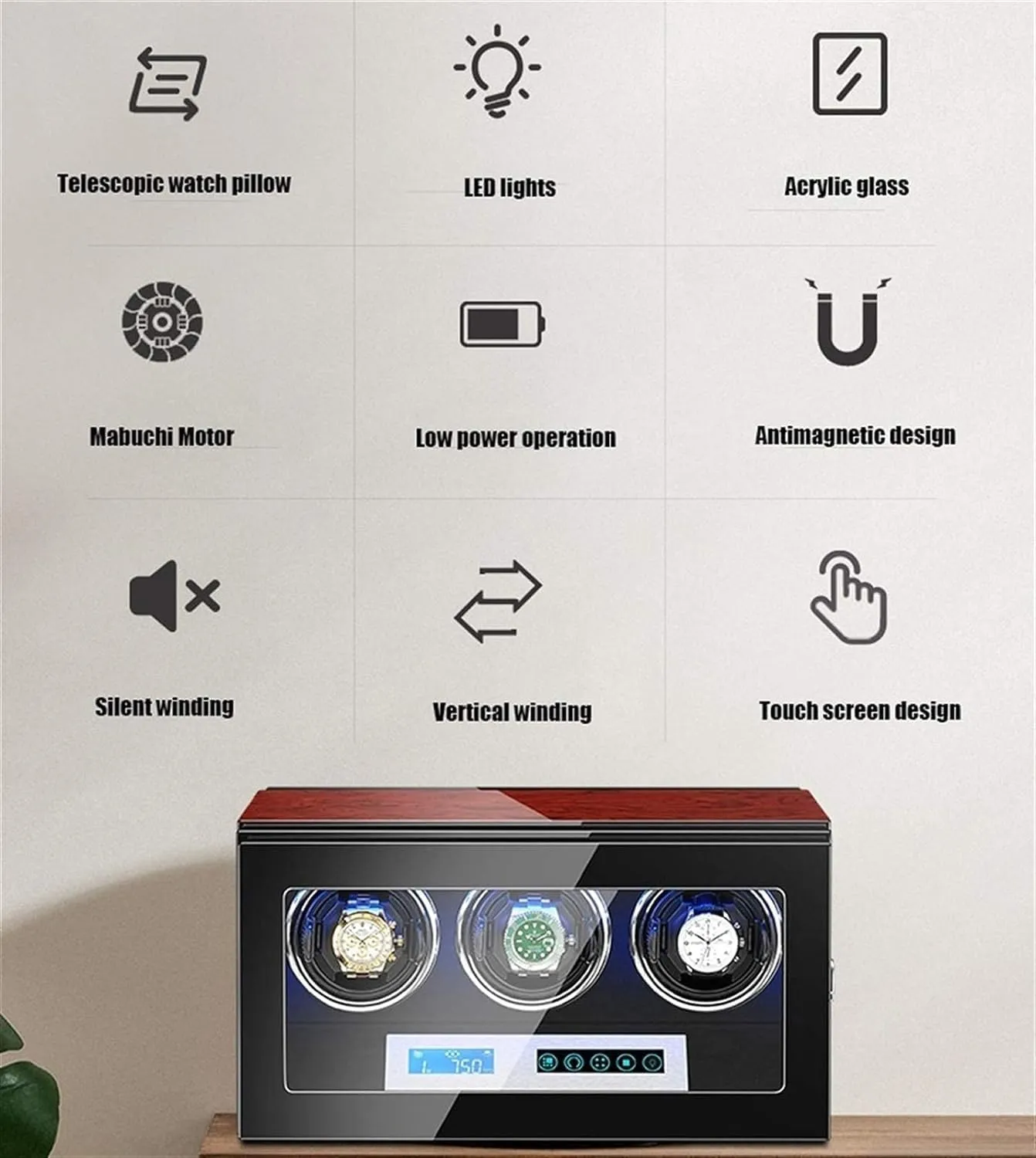 Watch Winder Box with Quiet Motor, 15 Rotation Mode Settings,LED Illumination,Suitable for Men's and Ladies Wrist Watch