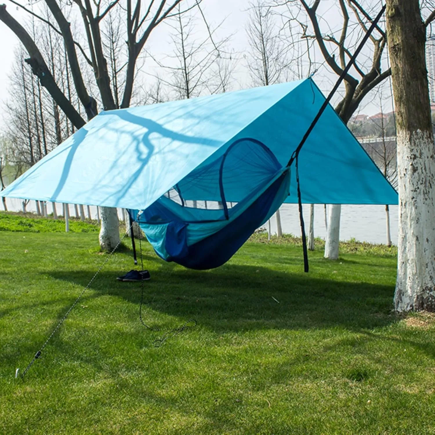 Waterproof Hammock RAIN Fly,Portable Large Rain Tarp Fast Set Up,Hammock Camping Essential (Color : Blue, Size : 290 * 290cm)