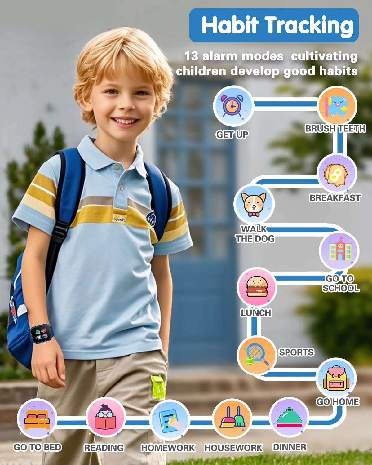 Waterproof Smart Watch for Kids with 32 Games Dual Camera, Habit Tracking, Alarm, Pedometer, HD Touchscreen with Protector, Kids Watch Toys for Boy Age 5-12 Christmas Birthday Gift Boys Girls(Blue)