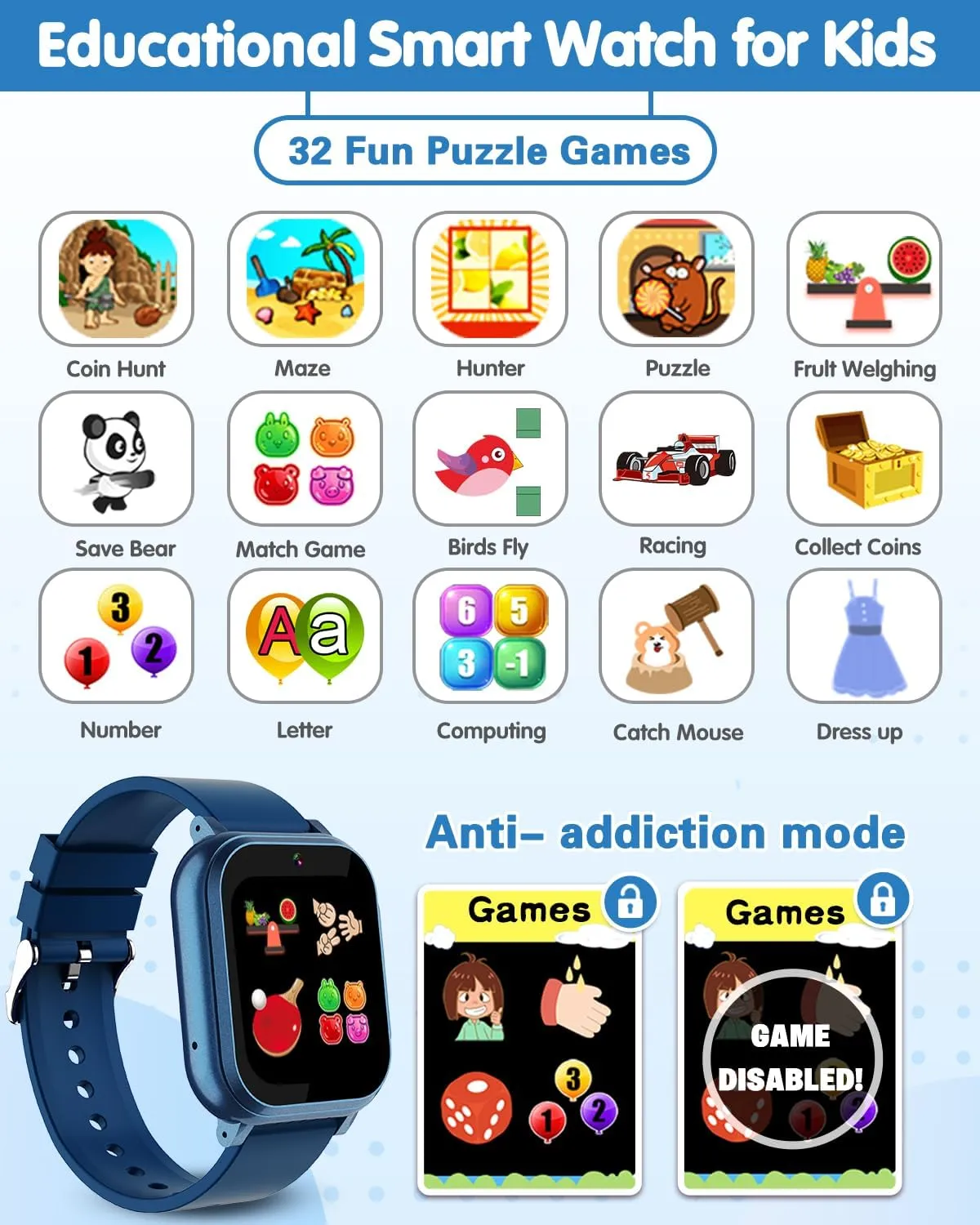 Waterproof Smart Watch for Kids with 32 Games Dual Camera, Habit Tracking, Alarm, Pedometer, HD Touchscreen with Protector, Kids Watch Toys for Boy Age 5-12 Christmas Birthday Gift Boys Girls(Blue)