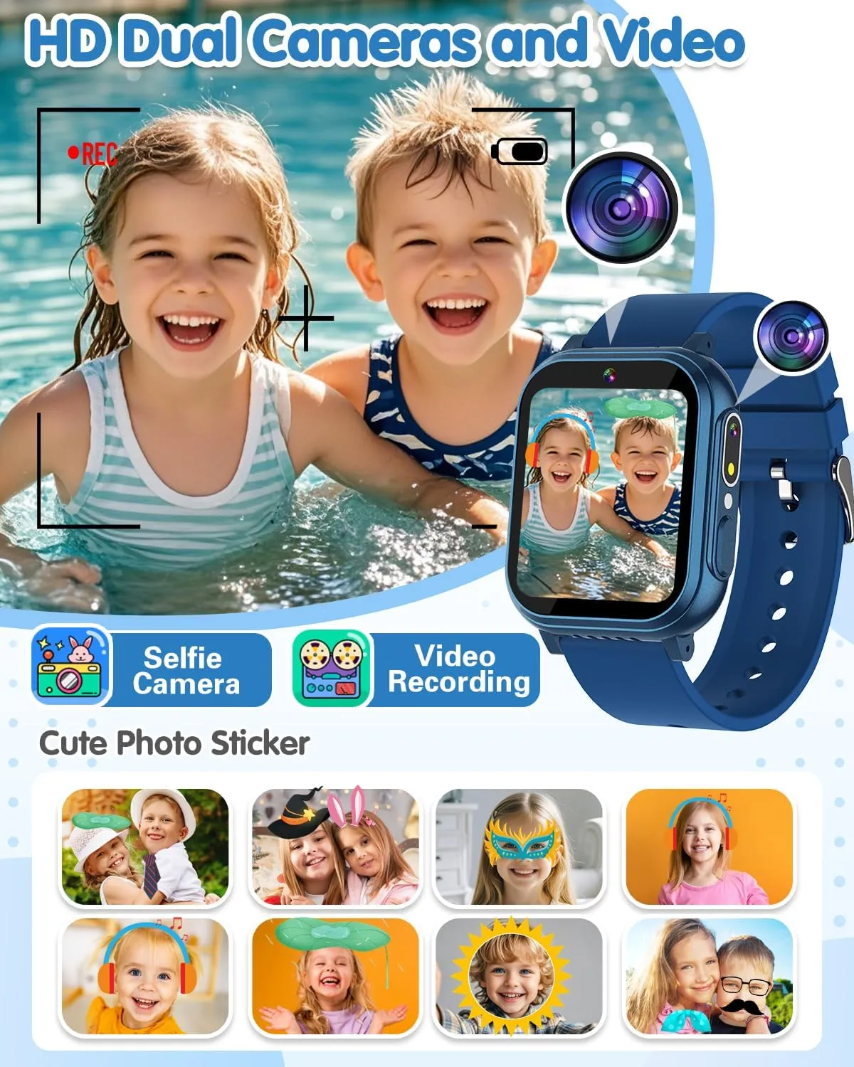 Waterproof Smart Watch for Kids with 32 Games Dual Camera, Habit Tracking, Alarm, Pedometer, HD Touchscreen with Protector, Kids Watch Toys for Boy Age 5-12 Christmas Birthday Gift Boys Girls(Blue)