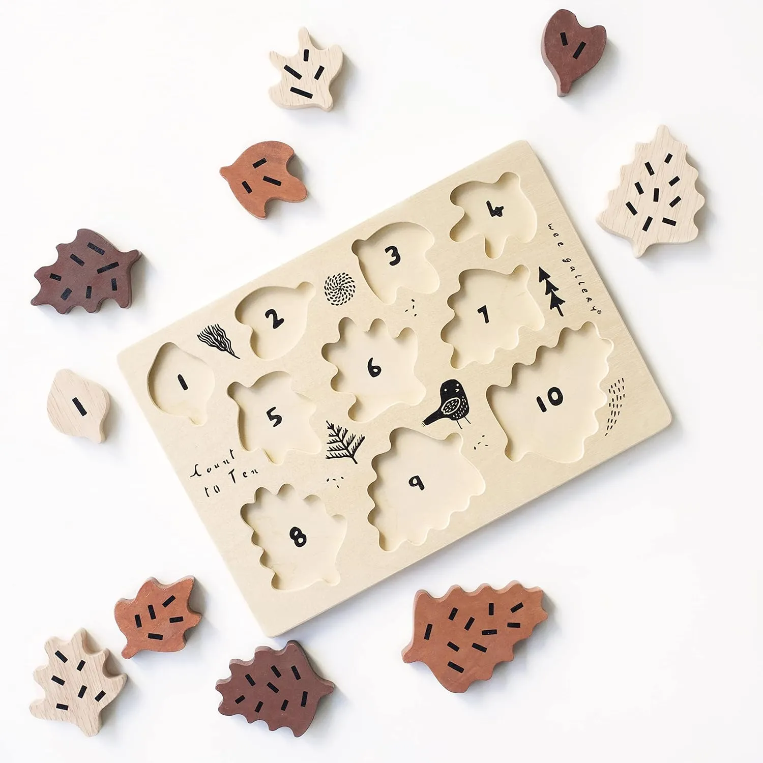 Wee Gallery Wooden Tray Puzzle Count to Ten Leaves, Montessori Toy for Toddlers and Preschoolers for Early Learning and Fine Motor Skill Development, Sustainable Educational Puzzle for Kids