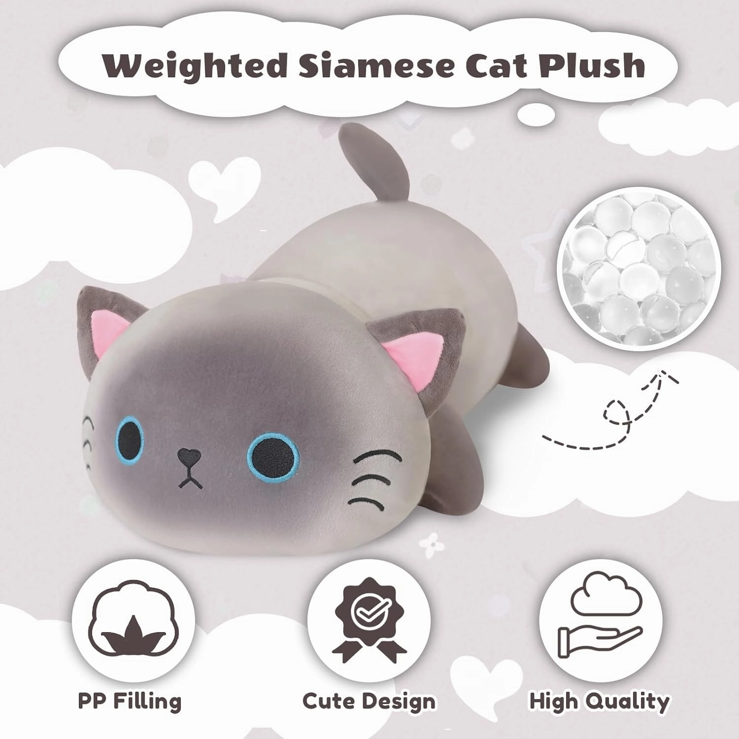 Weighted Siamese Cat Stuffed Animals, Cute Weighted Siamese Cat Plush, Soft Stuffed Weighted Plushie Pillow Gifts for Girls Boys(9.8" 0.8Lbs)