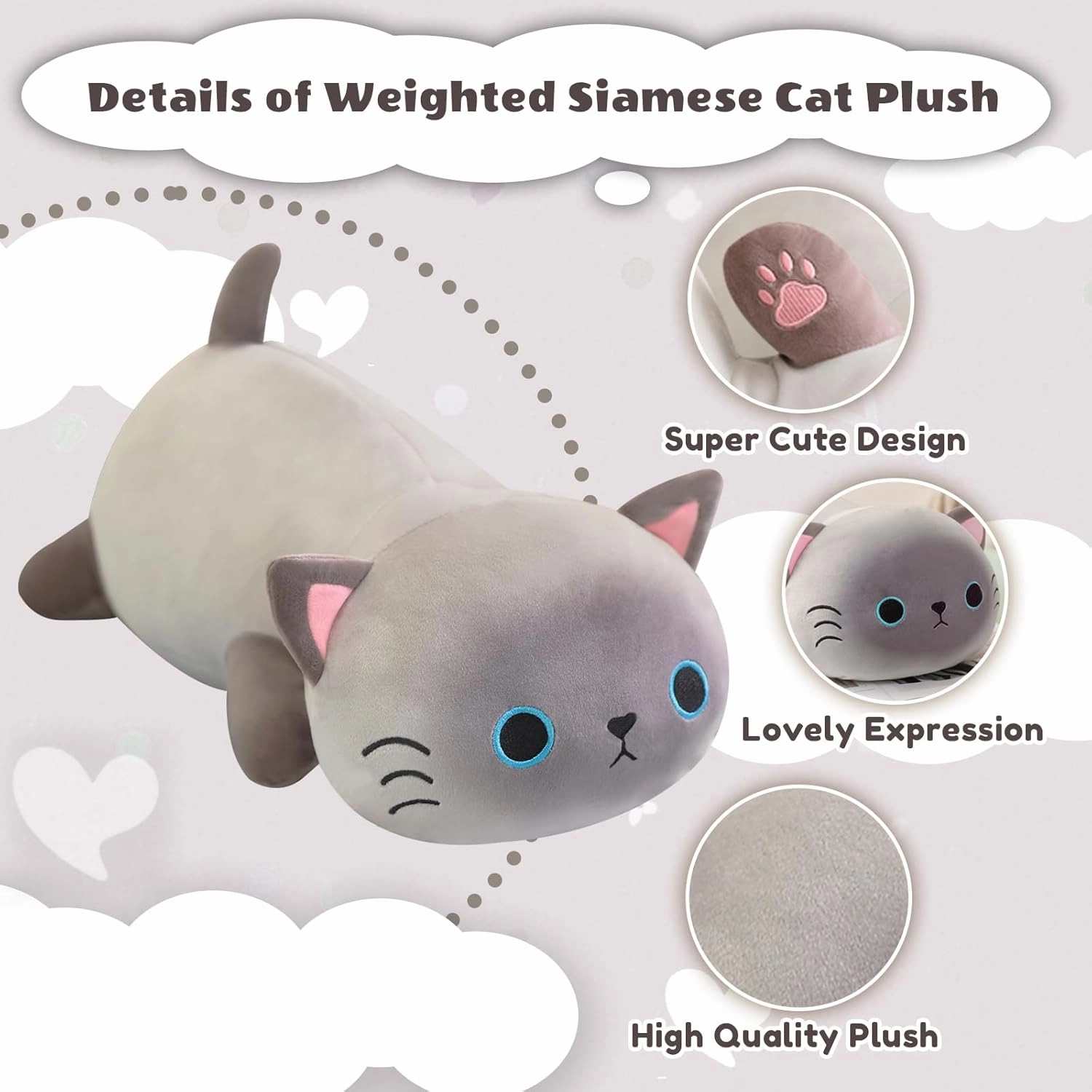 Weighted Siamese Cat Stuffed Animals, Cute Weighted Siamese Cat Plush, Soft Stuffed Weighted Plushie Pillow Gifts for Girls Boys(9.8" 0.8Lbs)