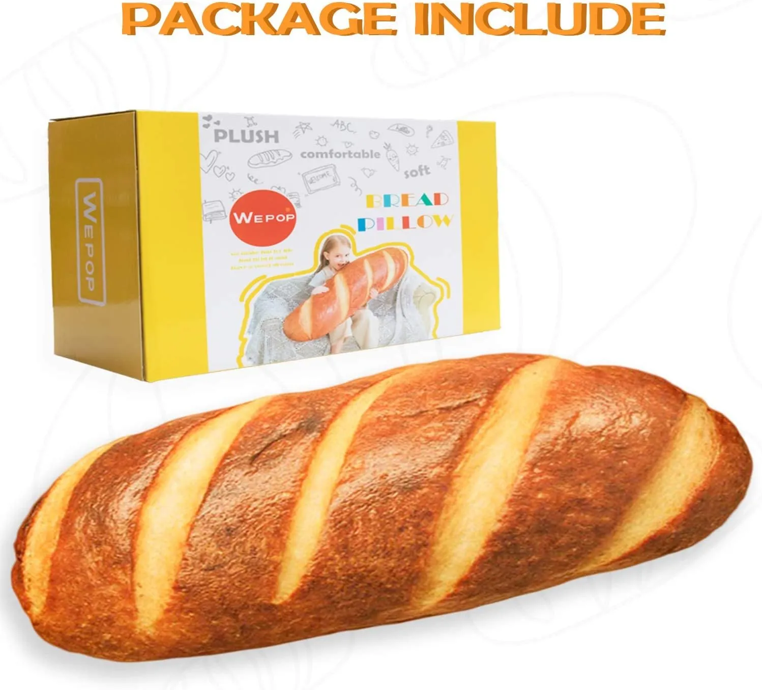 Wepop 24 in 3D Simulation Bread Shape Pillow Soft Lumbar Baguette Back Cushion Funny Food Plush Stuffed Toy