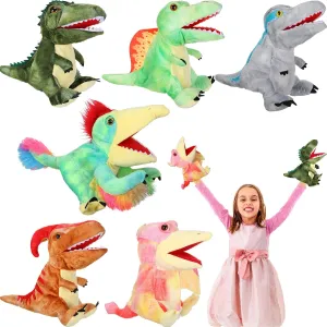 Wettarn 6 Pieces Dinosaur Hand Puppets Plush Stuffed Animals Soft Toys Interactive for Boys and Girls Storytelling Role Playing Stage Performance