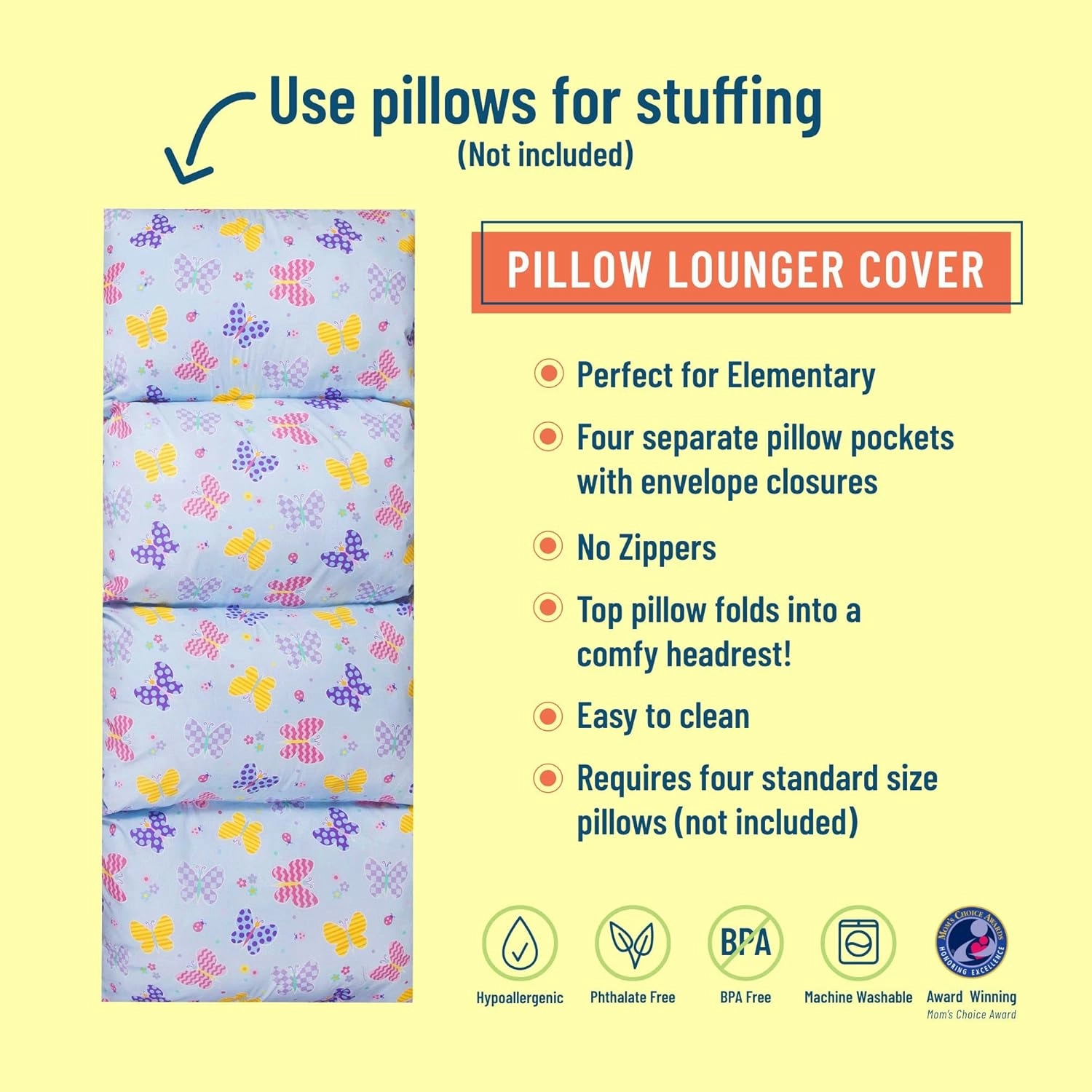 Wildkin Kids Floor Lounger – Pillow Lounger, Travel-Friendly, Ideal for Sleepovers, Fits Standard Pillows - Butterfly Garden