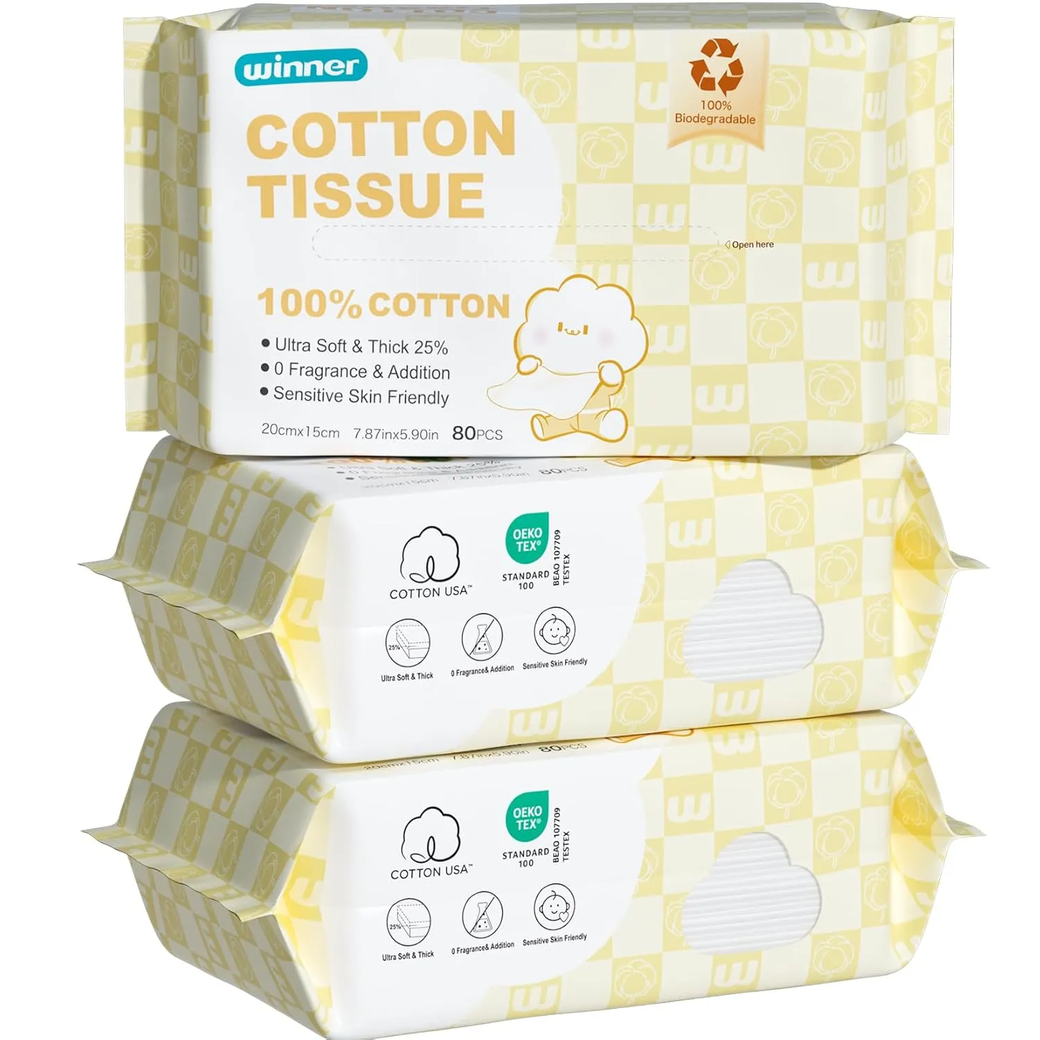 Winner 100% USA Cotton Dry Wipes, Ultra Soft Face Towels, Wet and Dry Use, Unscented and Hypoallergenic, Baby Necessities for Diaper Changes, Meals, and On-the-go Cleanup, 240 Count, Pack of 3