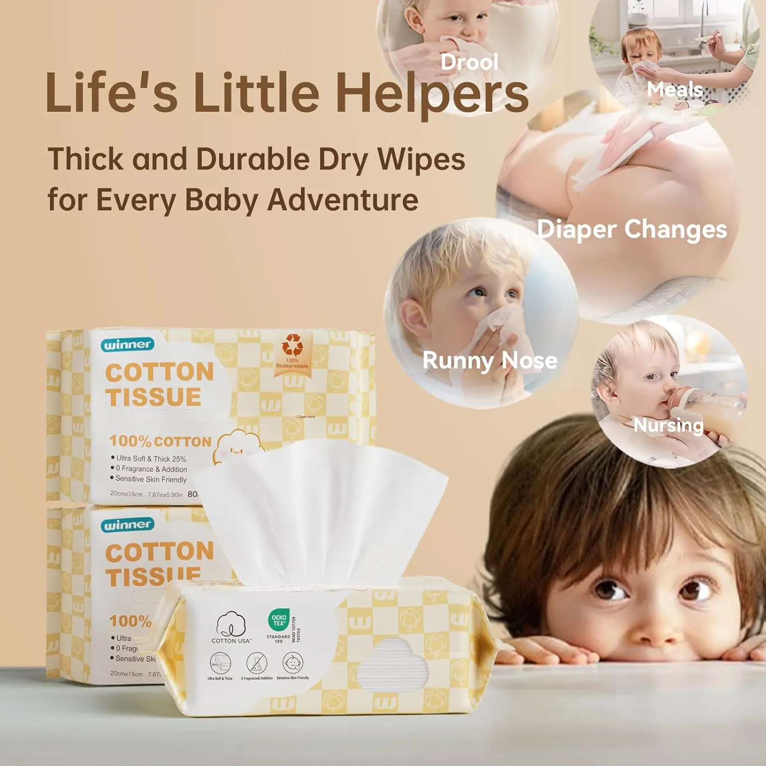 Winner 100% USA Cotton Dry Wipes, Ultra Soft Face Towels, Wet and Dry Use, Unscented and Hypoallergenic, Baby Necessities for Diaper Changes, Meals, and On-the-go Cleanup, 240 Count, Pack of 3