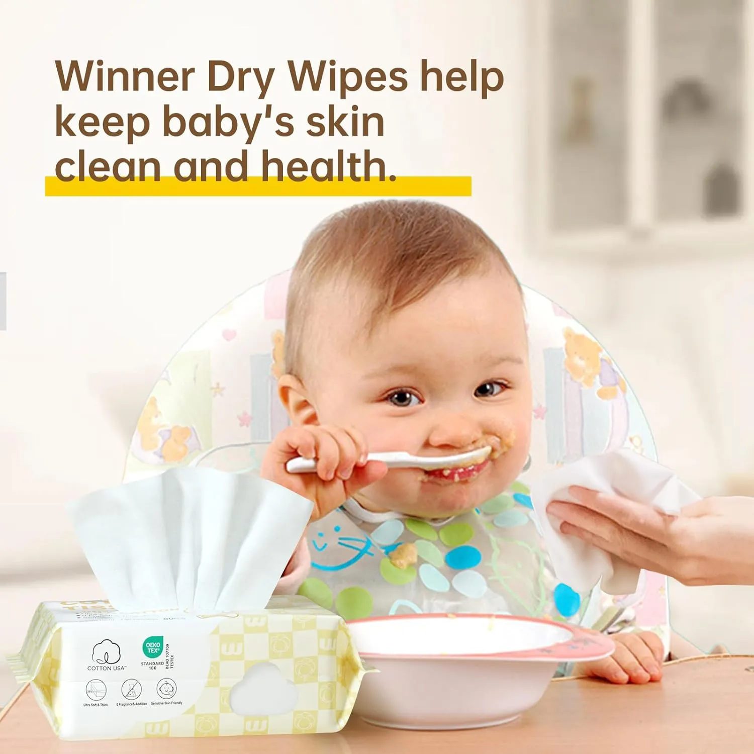 Winner 100% USA Cotton Dry Wipes, Ultra Soft Face Towels, Wet and Dry Use, Unscented and Hypoallergenic, Baby Necessities for Diaper Changes, Meals, and On-the-go Cleanup, 240 Count, Pack of 3