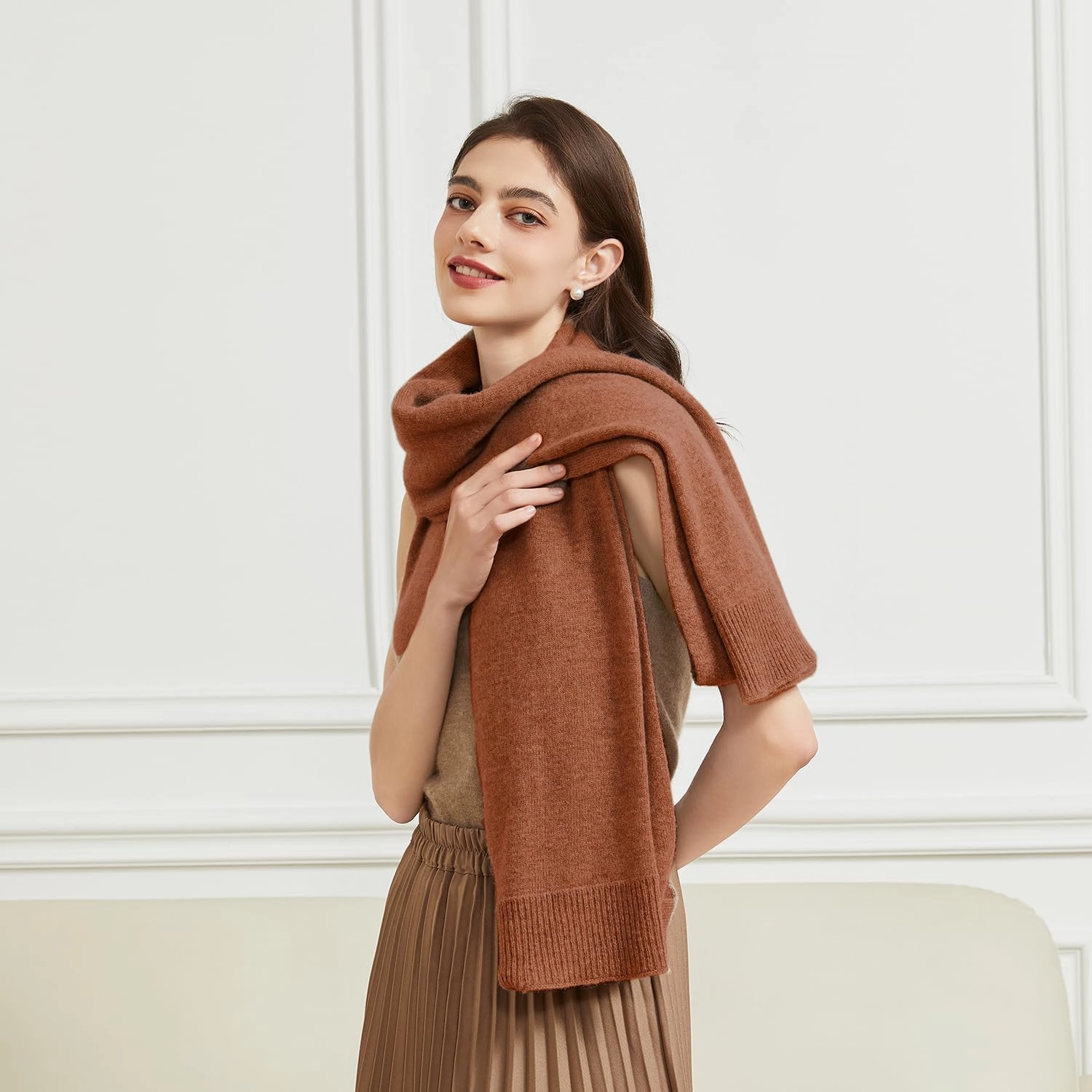 Women's Lightweight Wool Shawl Wrap Scarf with Sleeves Outer Warm Knitted Open Front Poncho Cape Fall Winter