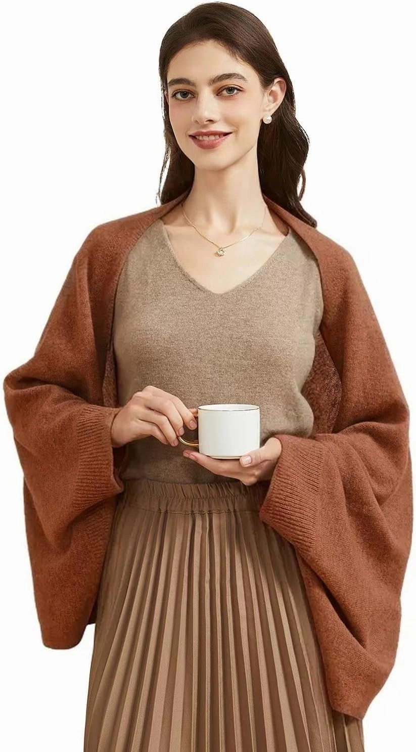 Women's Lightweight Wool Shawl Wrap Scarf with Sleeves Outer Warm Knitted Open Front Poncho Cape Fall Winter