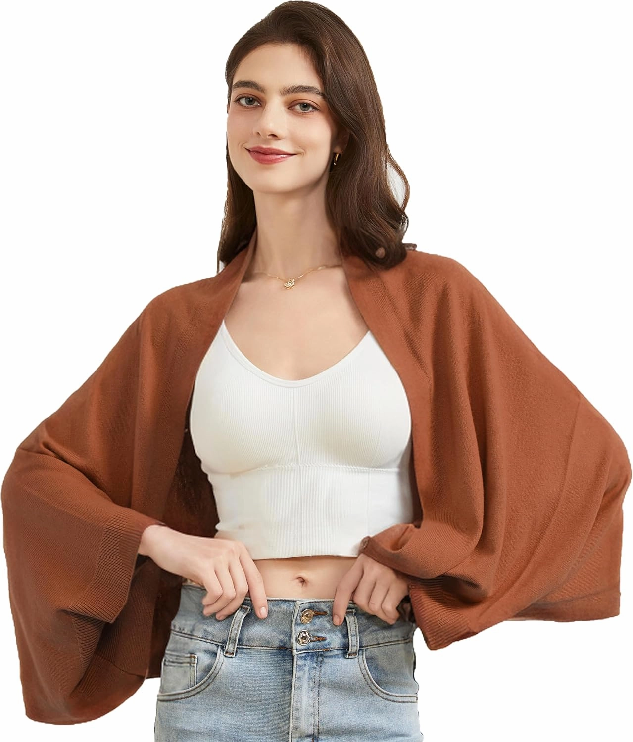 Women's Lightweight Wool Shawl Wrap Scarf with Sleeves Outer Warm Knitted Open Front Poncho Cape Fall Winter