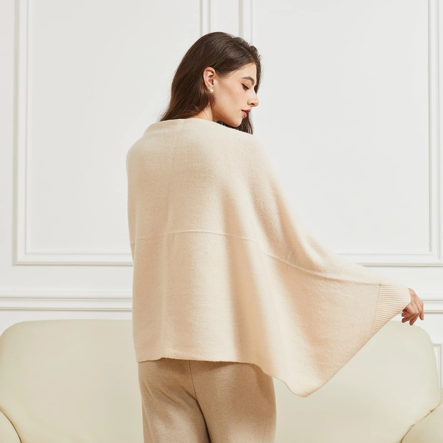Women's Lightweight Wool Shawl Wrap Scarf with Sleeves Outer Warm Knitted Open Front Poncho Cape Fall Winter
