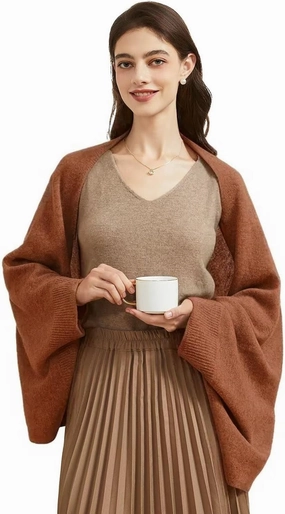 Women's Lightweight Wool Shawl Wrap Scarf with Sleeves Outer Warm Knitted Open Front Poncho Cape Fall Winter