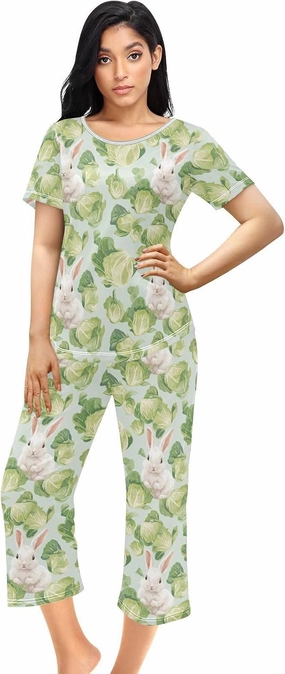 Women's Pajama Set Green Cabbage Bunny Sleepwear Soft Pjs Lounge Sets Short Sleeve with Pockets S-XXL