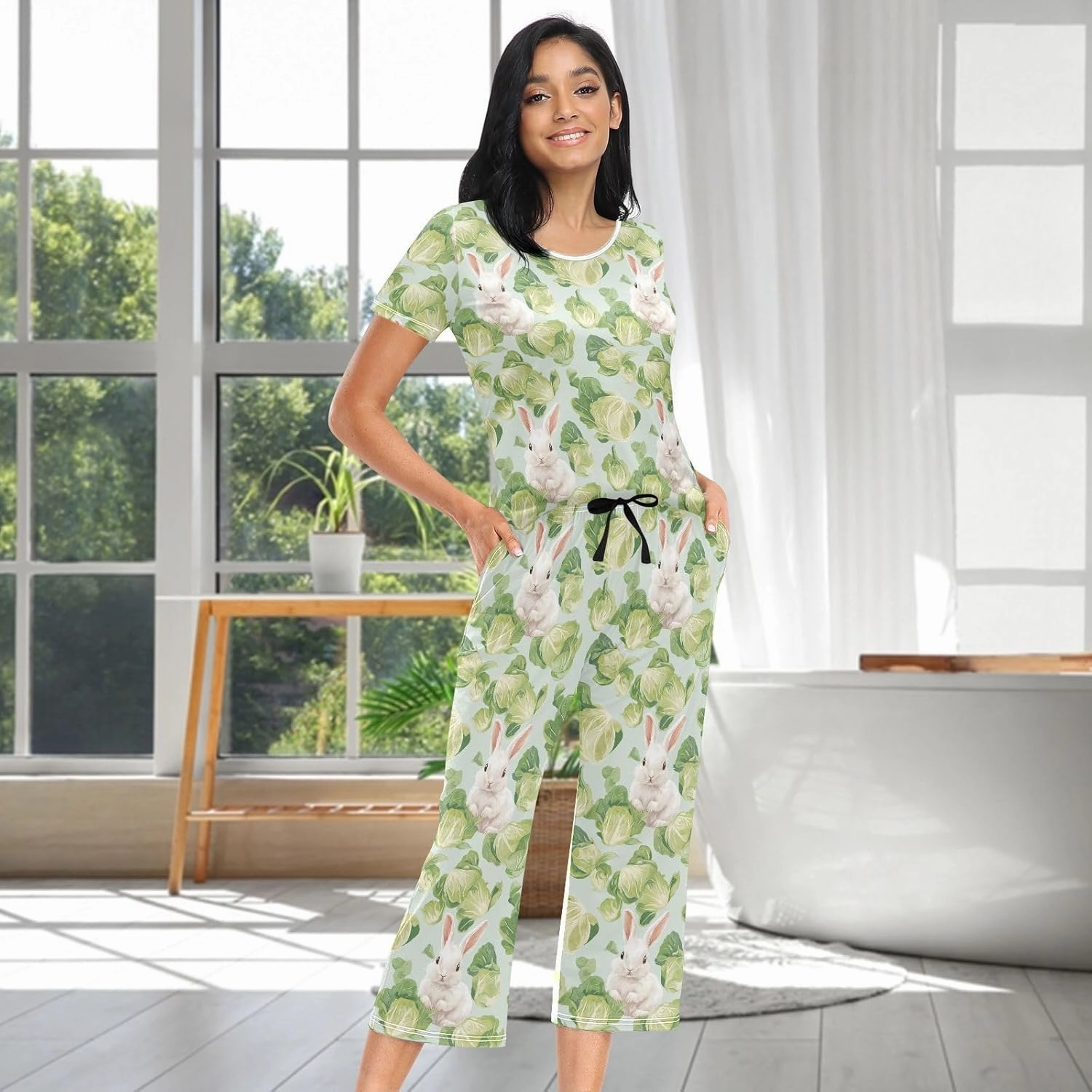 Women's Pajama Set Green Cabbage Bunny Sleepwear Soft Pjs Lounge Sets Short Sleeve with Pockets S-XXL