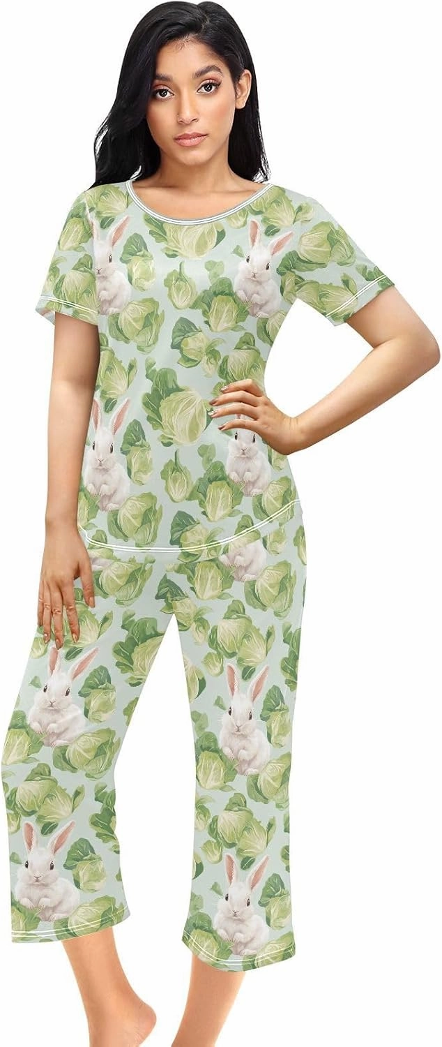 Women's Pajama Set Green Cabbage Bunny Sleepwear Soft Pjs Lounge Sets Short Sleeve with Pockets S-XXL