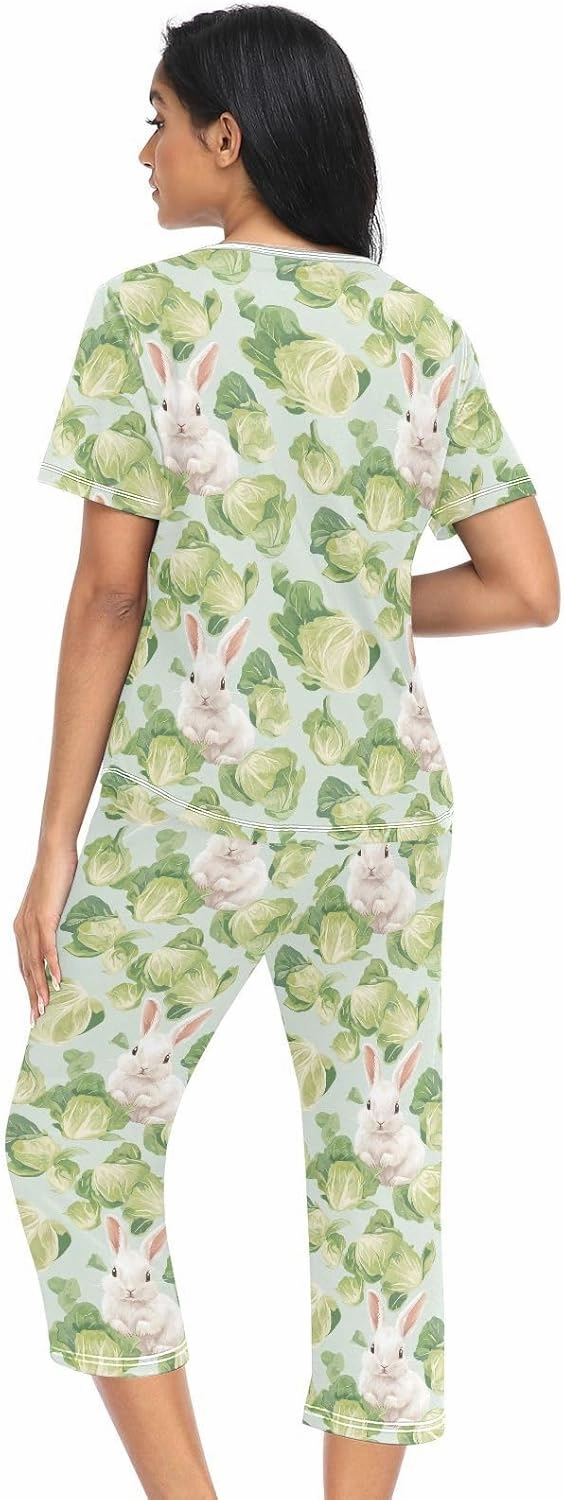 Women's Pajama Set Green Cabbage Bunny Sleepwear Soft Pjs Lounge Sets Short Sleeve with Pockets S-XXL