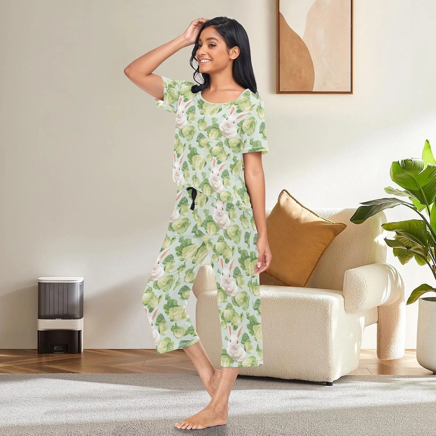 Women's Pajama Set Green Cabbage Bunny Sleepwear Soft Pjs Lounge Sets Short Sleeve with Pockets S-XXL
