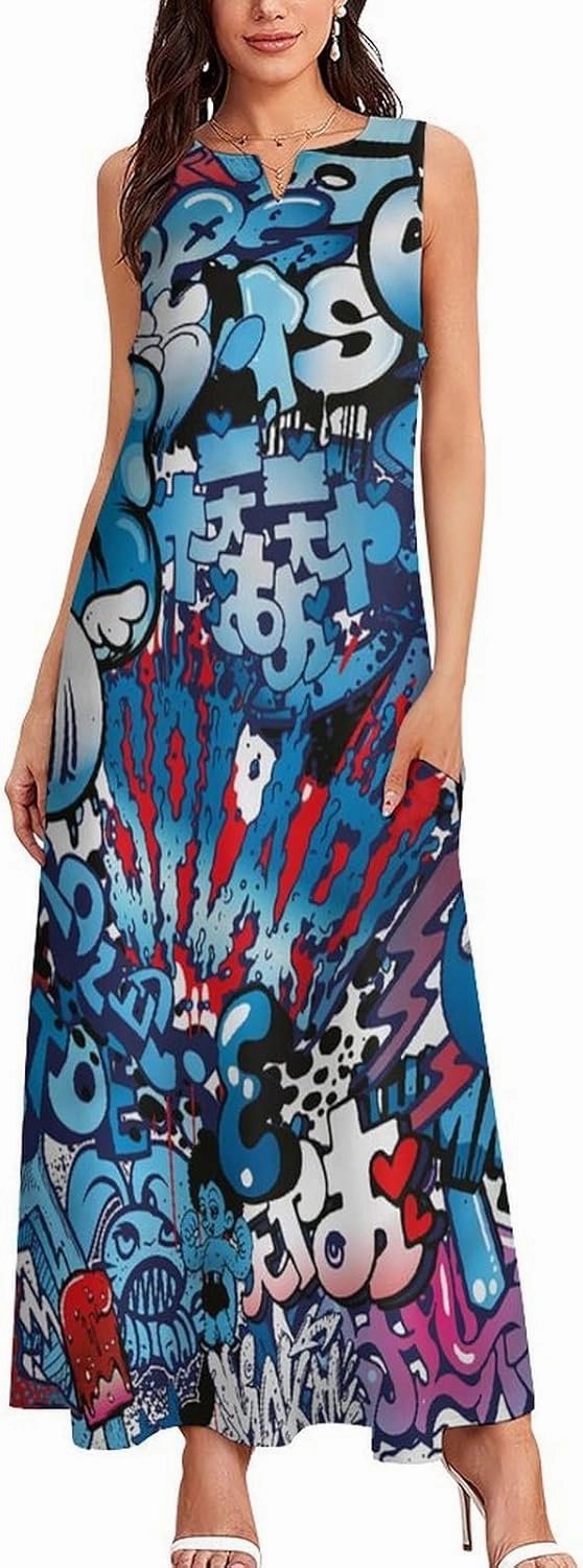 Women's Sleeveless Maxi Dresses Street Wall Graffiti Colorful Artwork Long Casual Summer Beach Dress with Pockets