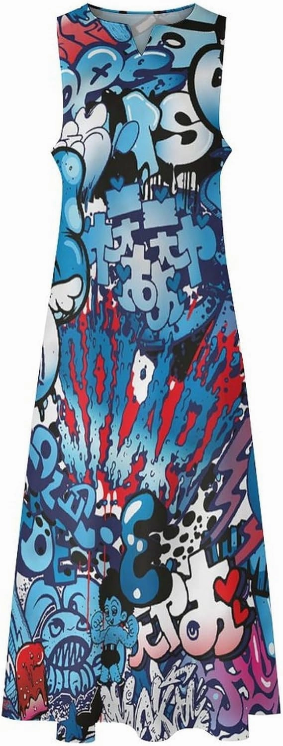 Women's Sleeveless Maxi Dresses Street Wall Graffiti Colorful Artwork Long Casual Summer Beach Dress with Pockets
