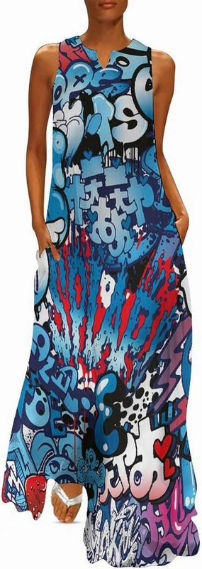 Women's Sleeveless Maxi Dresses Street Wall Graffiti Colorful Artwork Long Casual Summer Beach Dress with Pockets