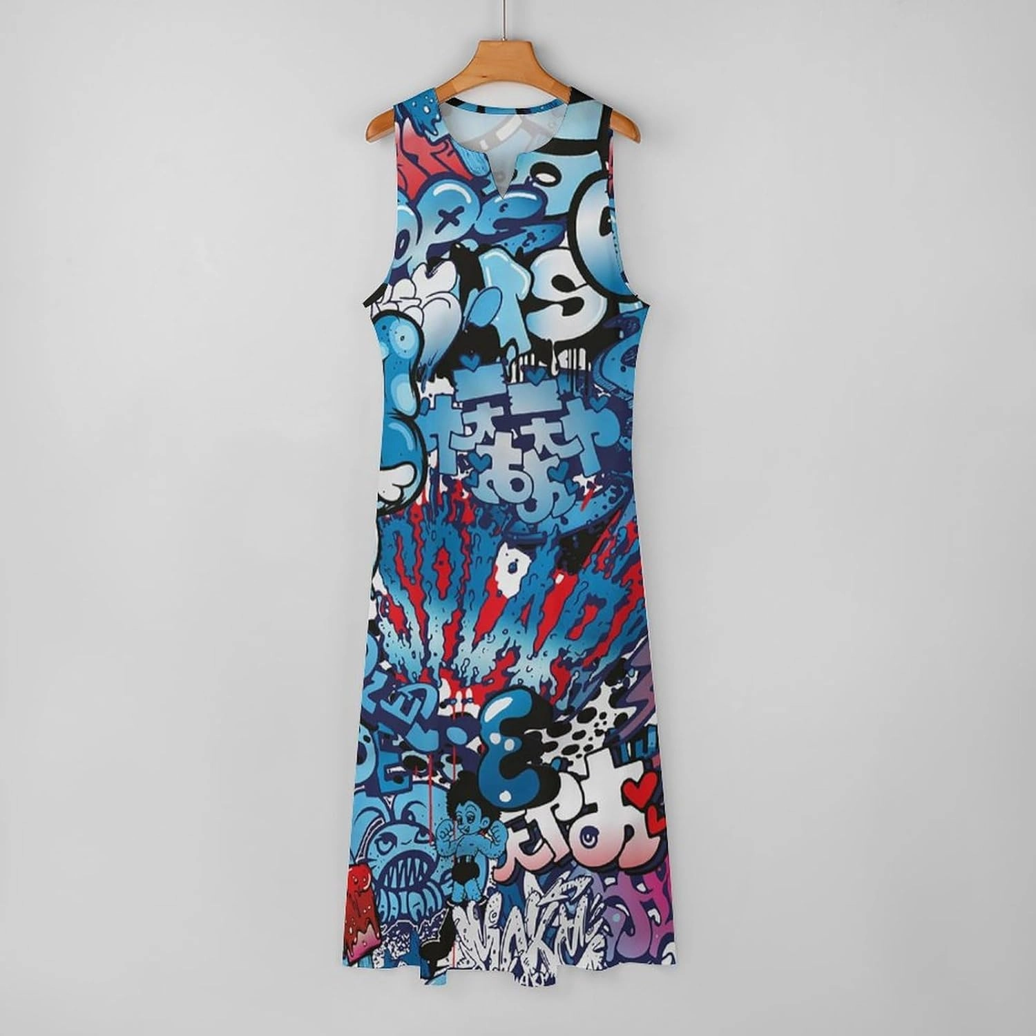 Women's Sleeveless Maxi Dresses Street Wall Graffiti Colorful Artwork Long Casual Summer Beach Dress with Pockets