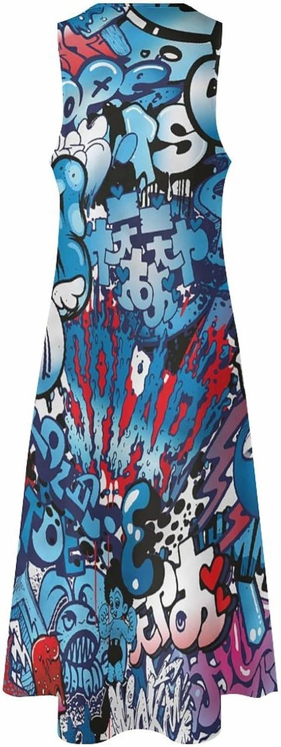 Women's Sleeveless Maxi Dresses Street Wall Graffiti Colorful Artwork Long Casual Summer Beach Dress with Pockets