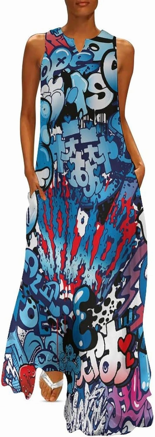 Women's Sleeveless Maxi Dresses Street Wall Graffiti Colorful Artwork Long Casual Summer Beach Dress with Pockets