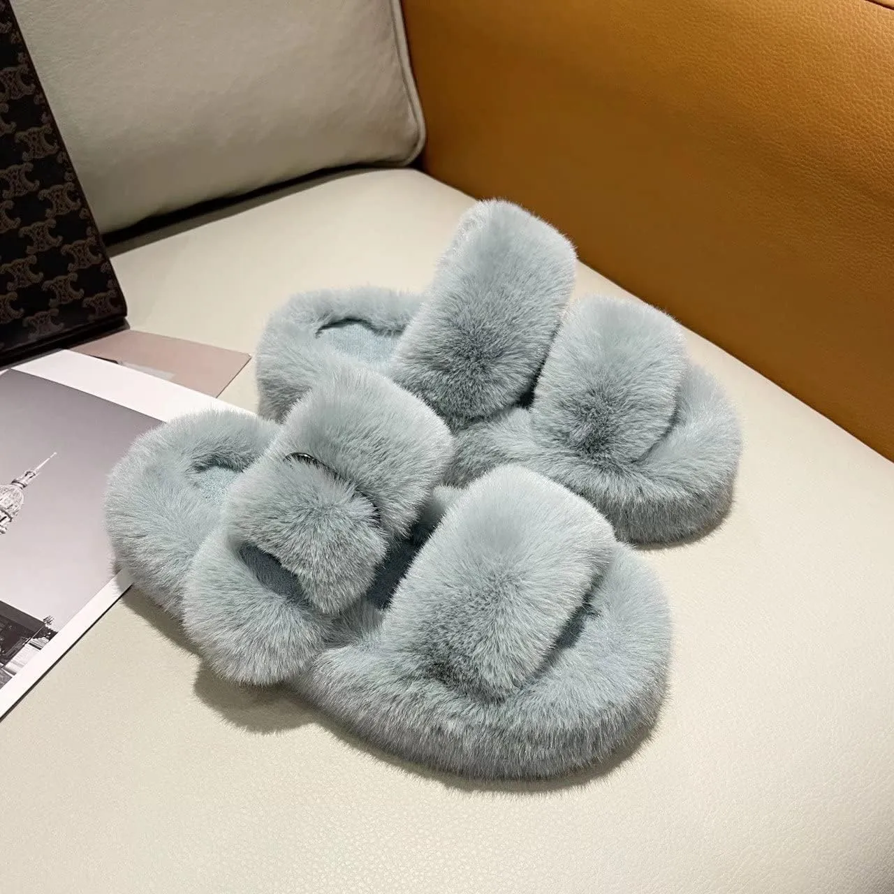 Women's Fuzzy Slippers Open Toe Fur Slides Fluffy Plush Slippers Furry Slip On Slippers House Shoes