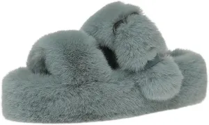 Women's Fuzzy Slippers Open Toe Fur Slides Fluffy Plush Slippers Furry Slip On Slippers House Shoes
