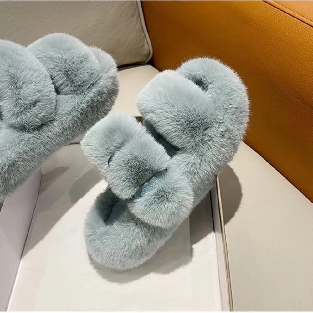 Women's Fuzzy Slippers Open Toe Fur Slides Fluffy Plush Slippers Furry Slip On Slippers House Shoes