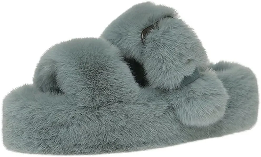 Women's Fuzzy Slippers Open Toe Fur Slides Fluffy Plush Slippers Furry Slip On Slippers House Shoes