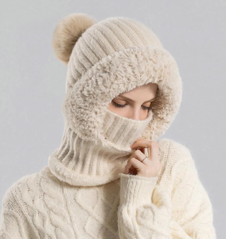 Womens Knit Beanie Hat Fleece Lined Winter Scarf Mask Set Snow Caps Plush Earmuff Skull Hats with Pompom