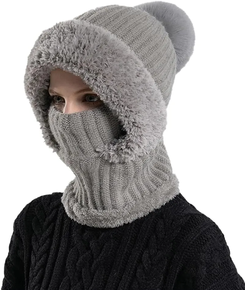 Womens Knit Beanie Hat Fleece Lined Winter Scarf Mask Set Snow Caps Plush Earmuff Skull Hats with Pompom