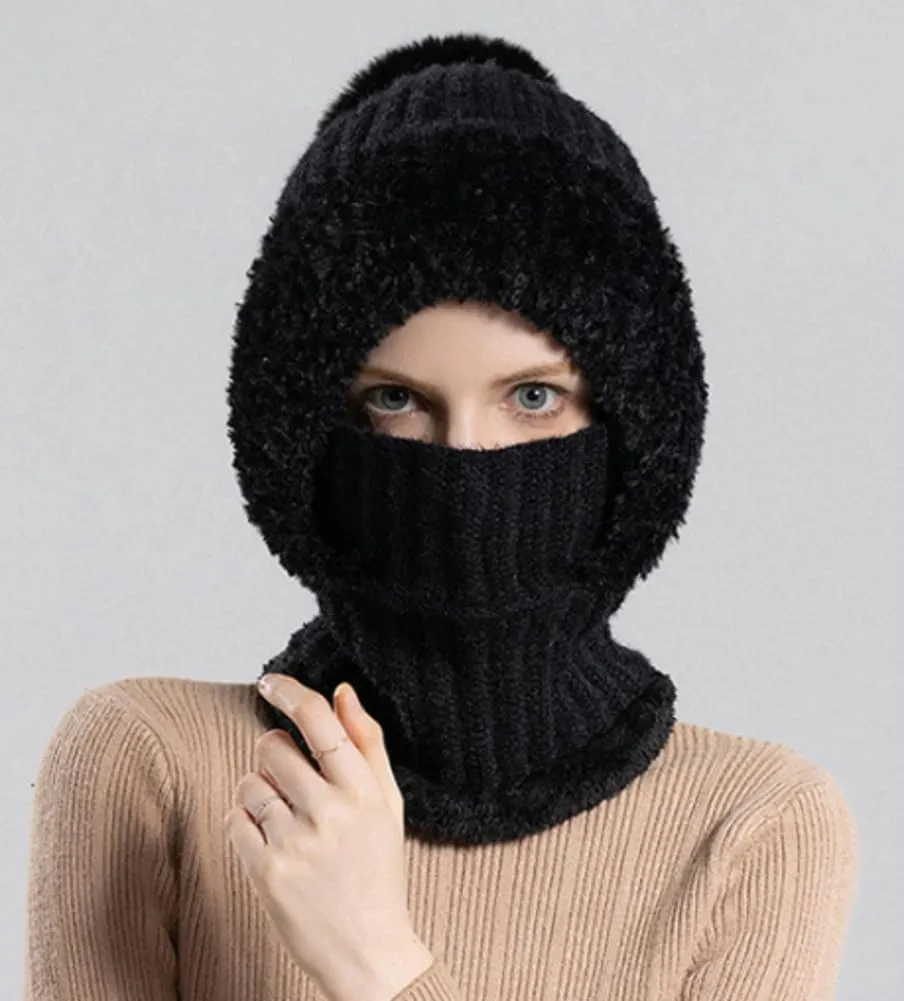 Womens Knit Beanie Hat Fleece Lined Winter Scarf Mask Set Snow Caps Plush Earmuff Skull Hats with Pompom