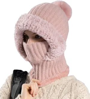 Womens Knit Beanie Hat Fleece Lined Winter Scarf Mask Set Snow Caps Plush Earmuff Skull Hats with Pompom
