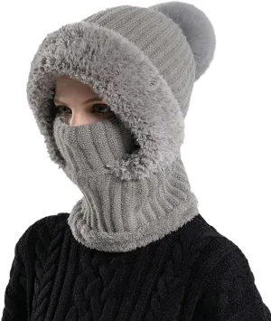 Womens Knit Beanie Hat Fleece Lined Winter Scarf Mask Set Snow Caps Plush Earmuff Skull Hats with Pompom