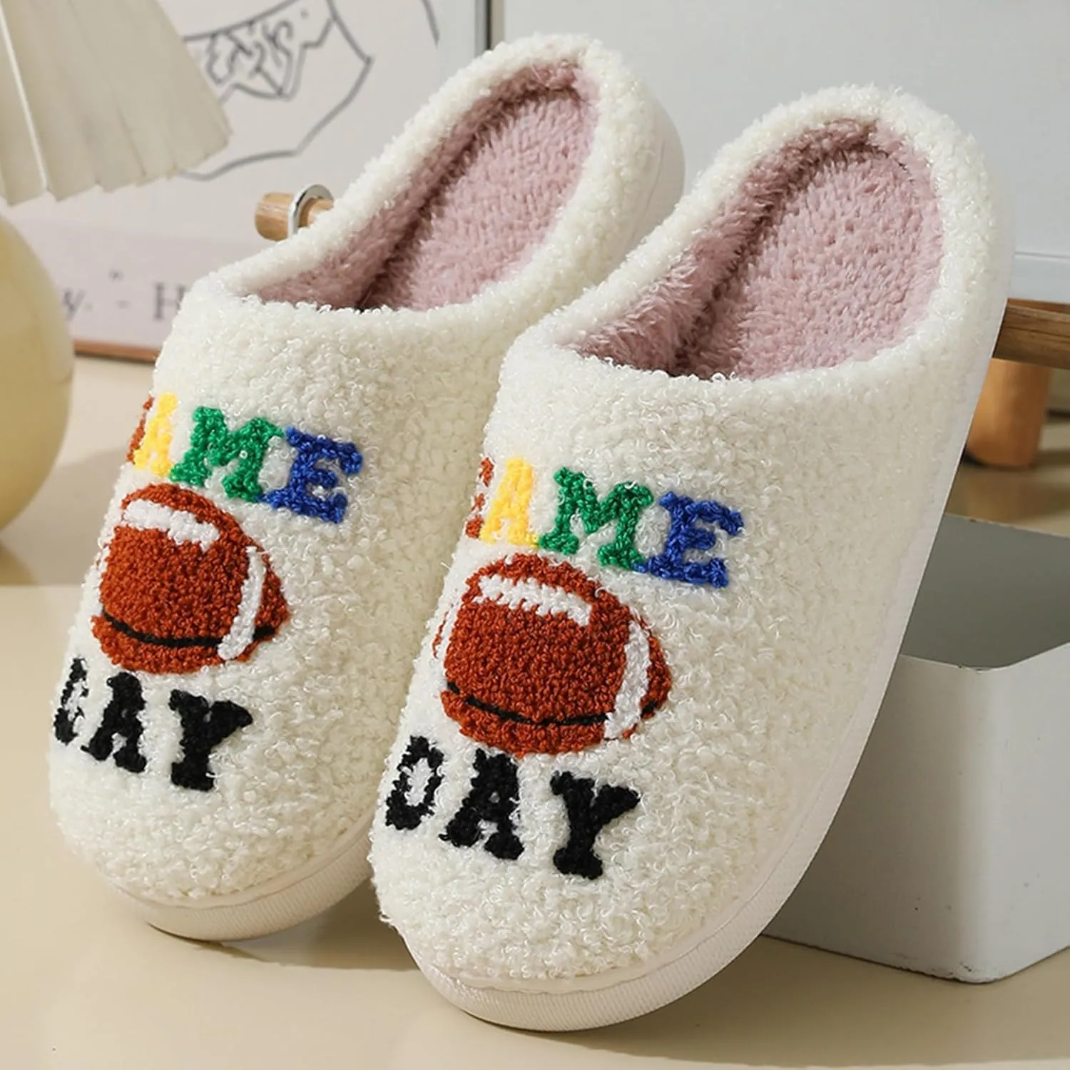 Womens Mens House Slippers Retro Comfy Warm Plush Slip on Fluffy Memory Foam Home Sippers for Winter Indoor Outdoor