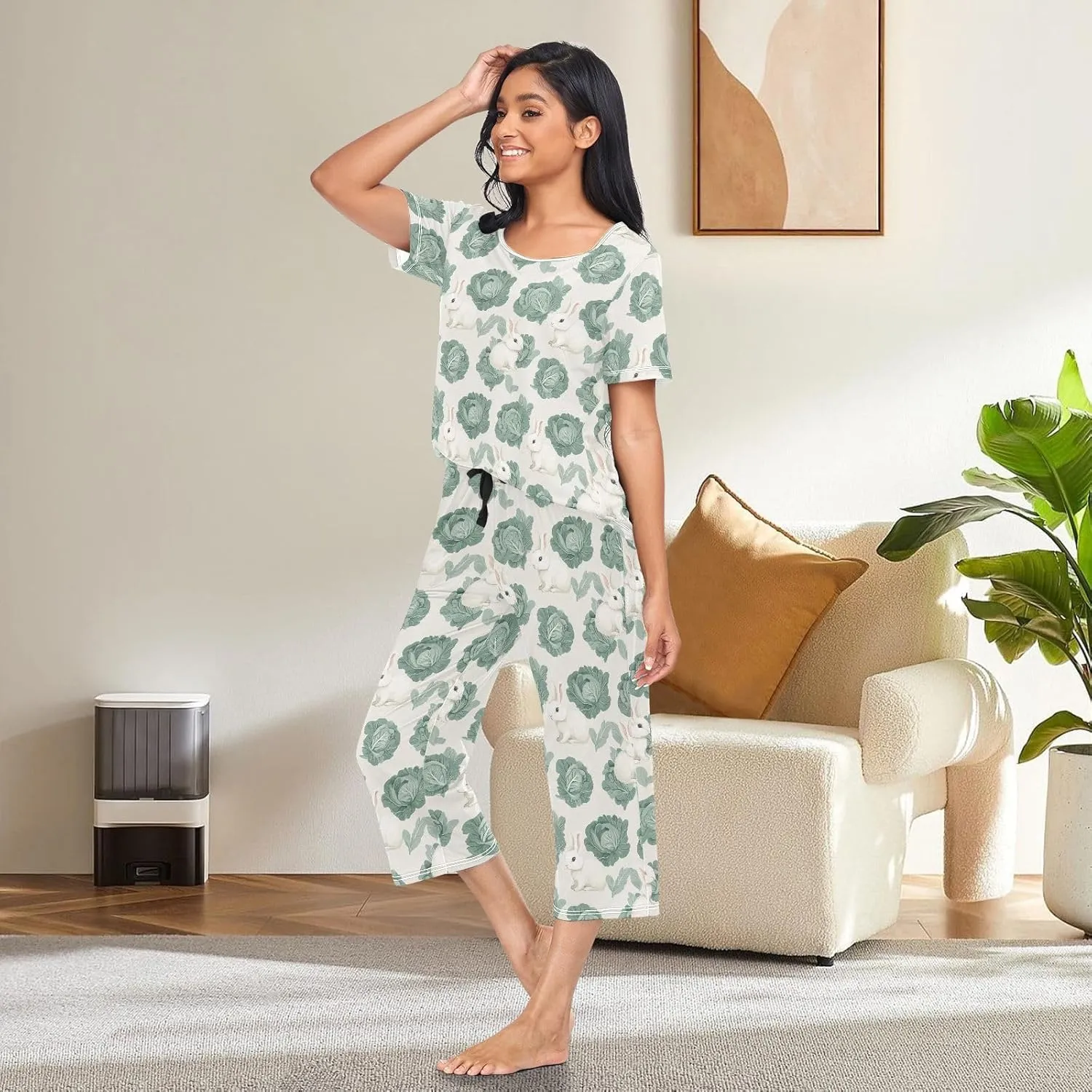 Women's Pajama Set Cabbage Cute Bunny Sleepwear Soft Pjs Lounge Sets Short Sleeve with Pockets S-XXL