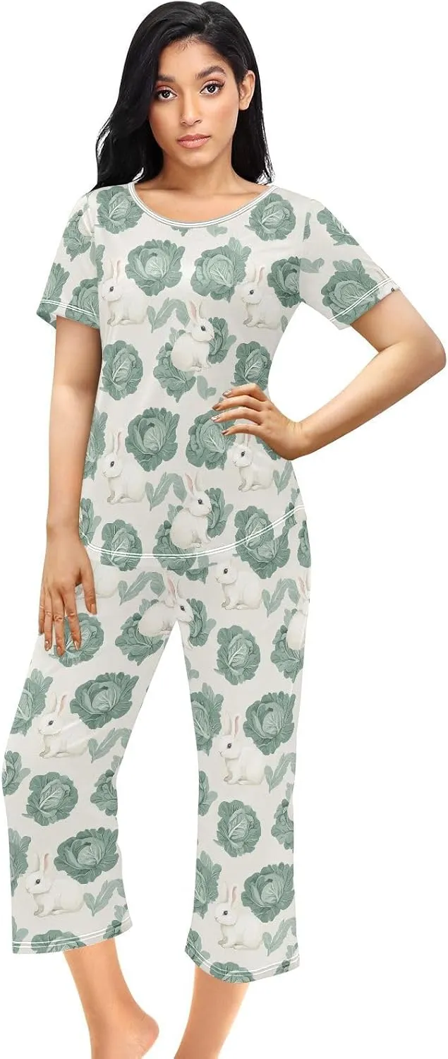 Women's Pajama Set Cabbage Cute Bunny Sleepwear Soft Pjs Lounge Sets Short Sleeve with Pockets S-XXL