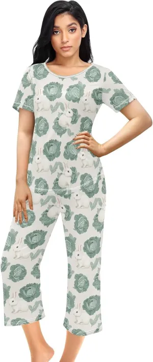 Women's Pajama Set Cabbage Cute Bunny Sleepwear Soft Pjs Lounge Sets Short Sleeve with Pockets S-XXL