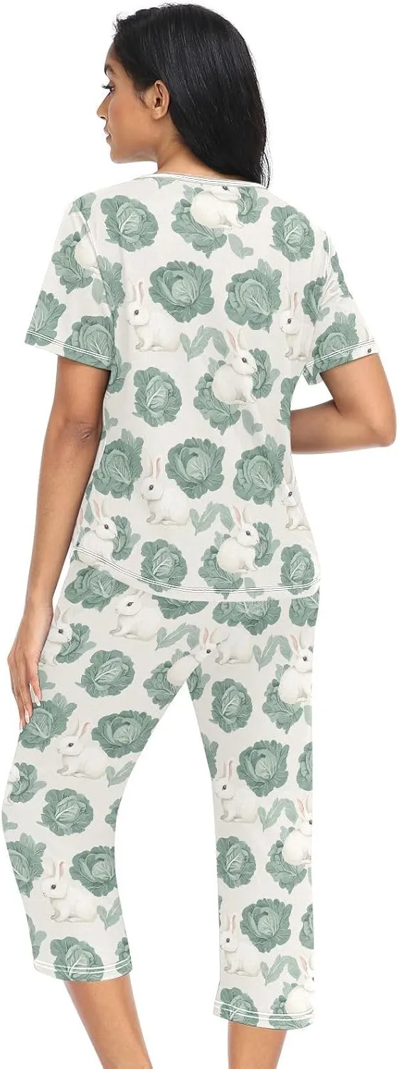 Women's Pajama Set Cabbage Cute Bunny Sleepwear Soft Pjs Lounge Sets Short Sleeve with Pockets S-XXL