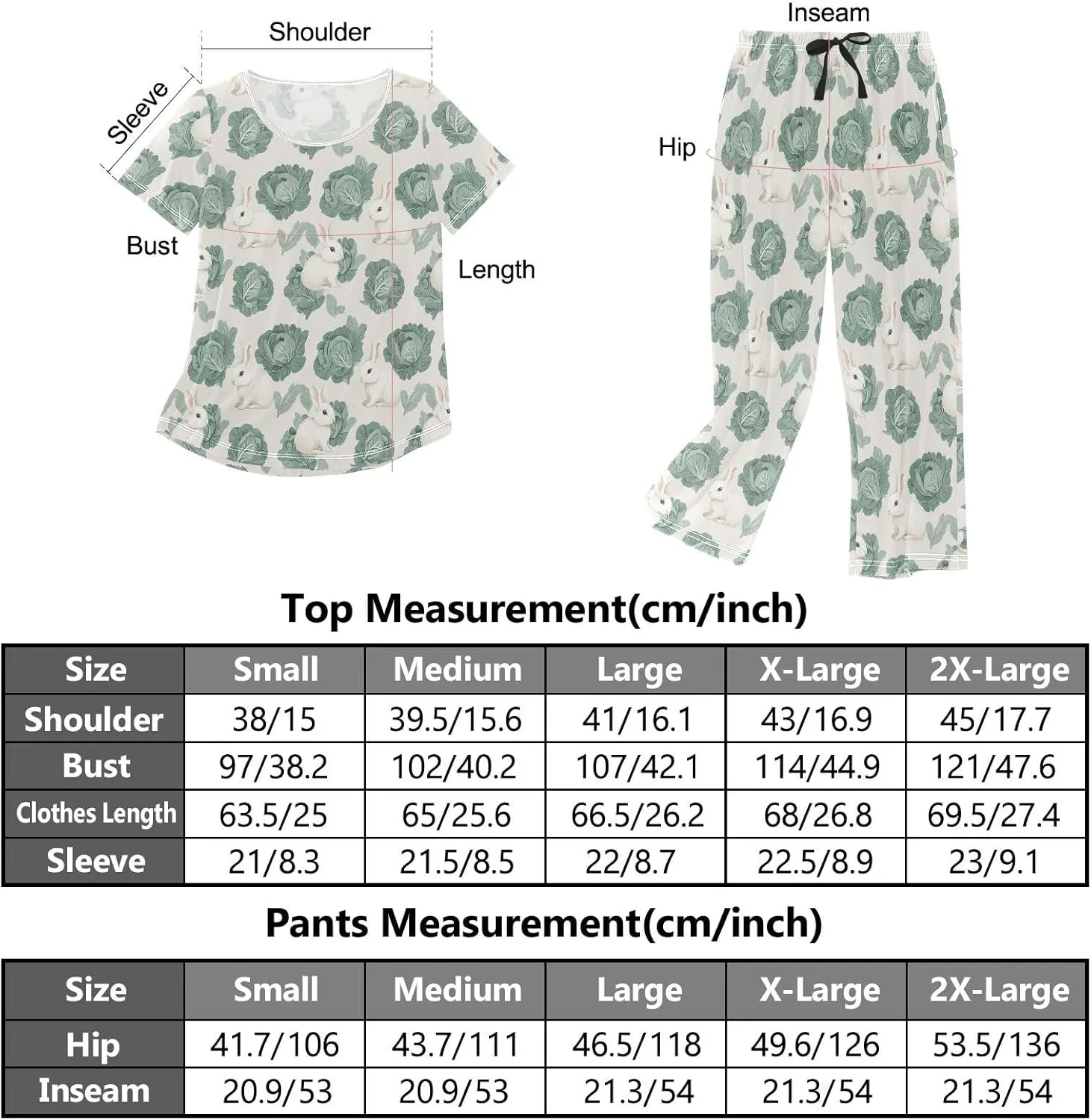 Women's Pajama Set Cabbage Cute Bunny Sleepwear Soft Pjs Lounge Sets Short Sleeve with Pockets S-XXL