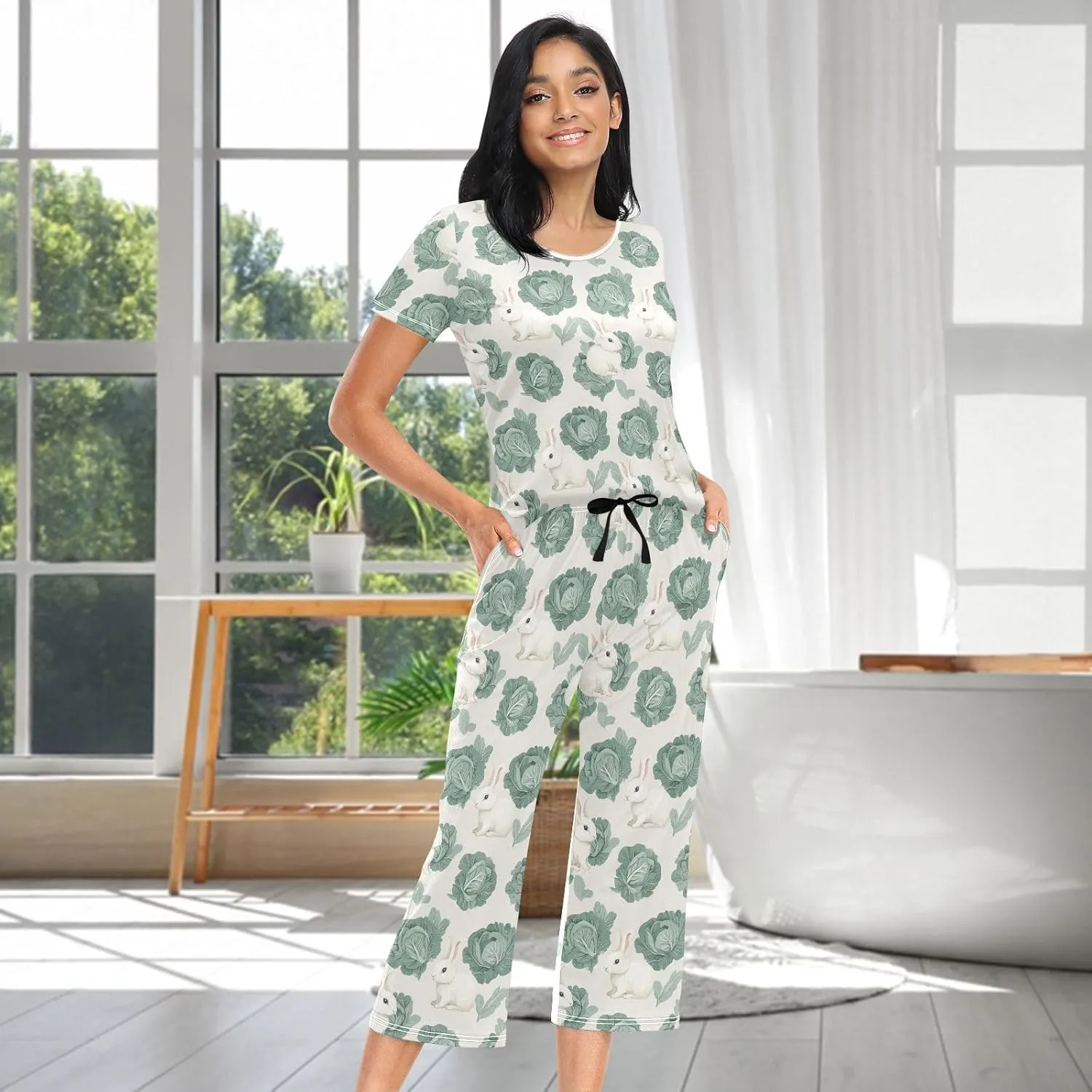 Women's Pajama Set Cabbage Cute Bunny Sleepwear Soft Pjs Lounge Sets Short Sleeve with Pockets S-XXL