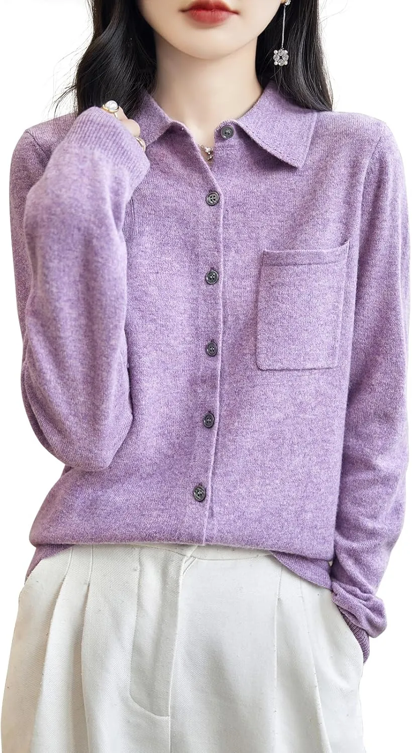 Women's Polo Neck 100% Merino Wool Sweater 2025 Spring Basic Long Sleeve Knitted Cardigan Sweater with Pocket